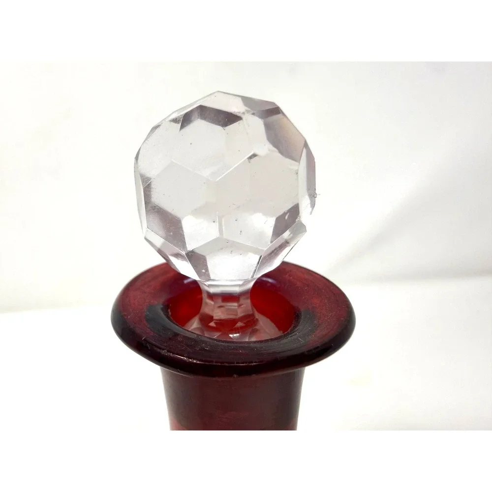 Vintage Bohemian Ruby Red Flashed Glass Decanter Etched Grape Vine Stopper